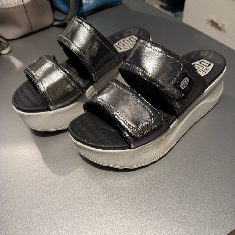 Hey Dude Silver and Black Platform Sandals